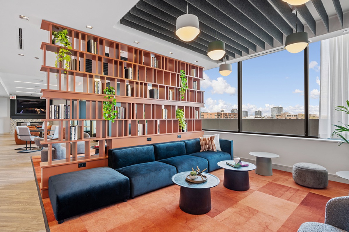 Corporate office lounge interior at The 808 Cleveland wired by MCL Electric